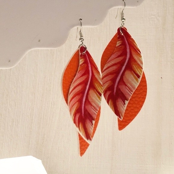 Orange Two Layer PU Leather Feather Leaf Earrings - Picture 1 of 6